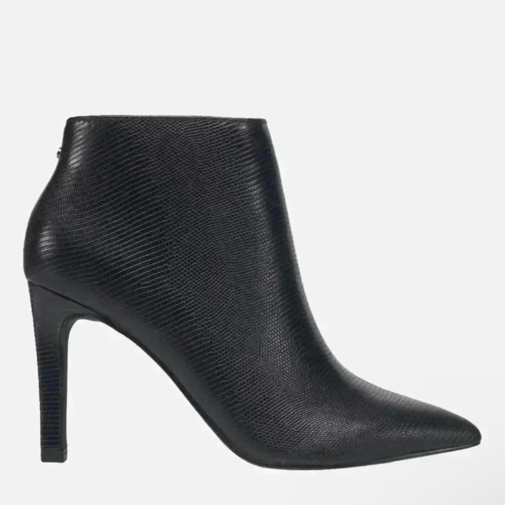 French Connection black ankle heel boots vegan leather snake skin embossed